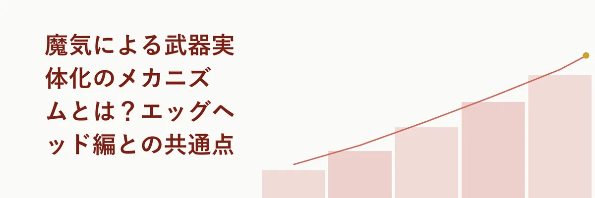 魔気の粒子が武器へと変化し実体化していく過程を示す図解イラスト