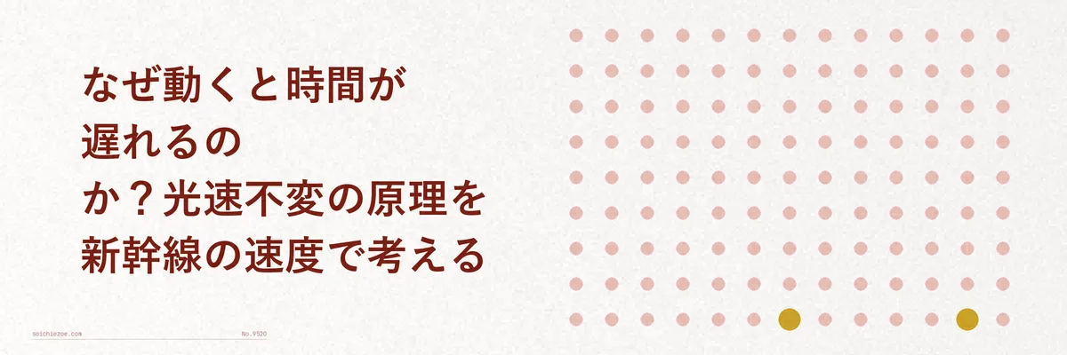 新幹線のイラストと光の速さを比較し、速度による時間のずれの小ささを示すイメージ図解