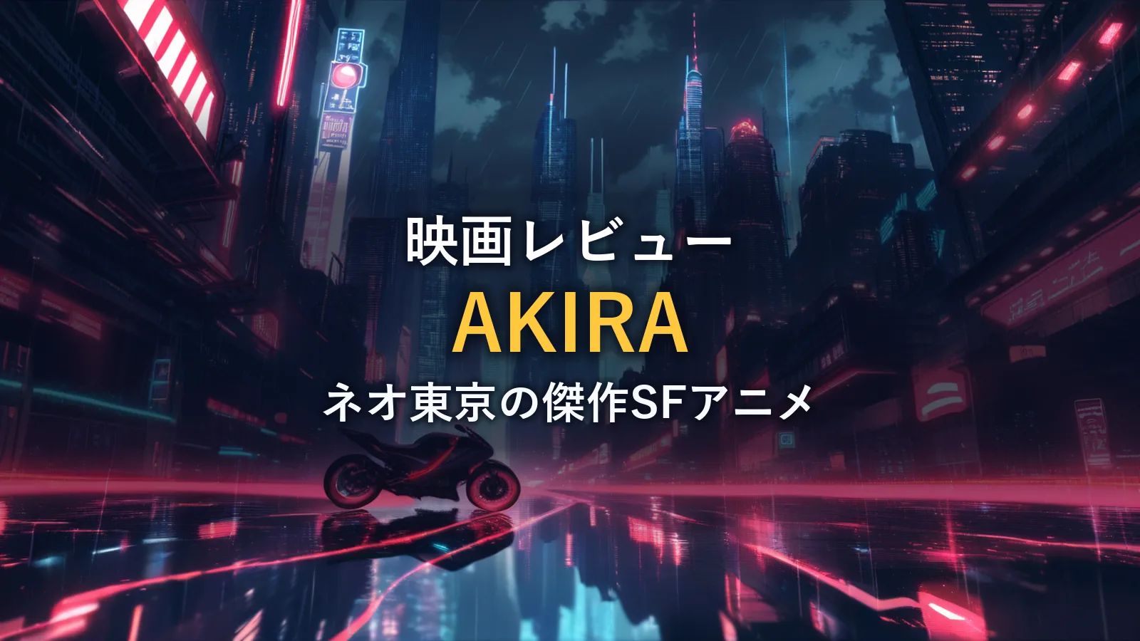 雨に濡れたネオ東京の路上に一台のバイクとネオン看板が立ち並ぶイメージ（映画『AKIRA』の感想記事のイメージカット）