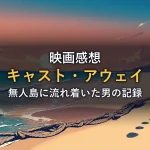 夕暮れの無人島の浜辺に残されたロープと流木。「映画の情報」セクションのイメージカット。