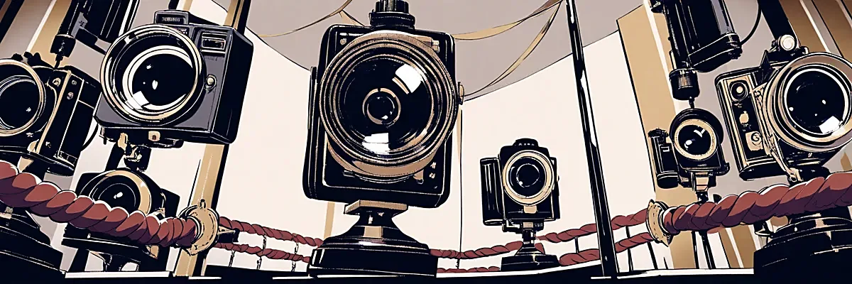 レッドカーペット会場に並ぶヴィンテージ風プレスカメラとフラッシュを描いたイラスト。映画「セレブリティ」の出演者紹介のイメージカット。