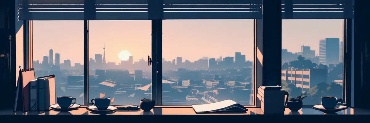 夕暮れのオフィスの窓辺とコーヒーカップを描いたイメージ画像。