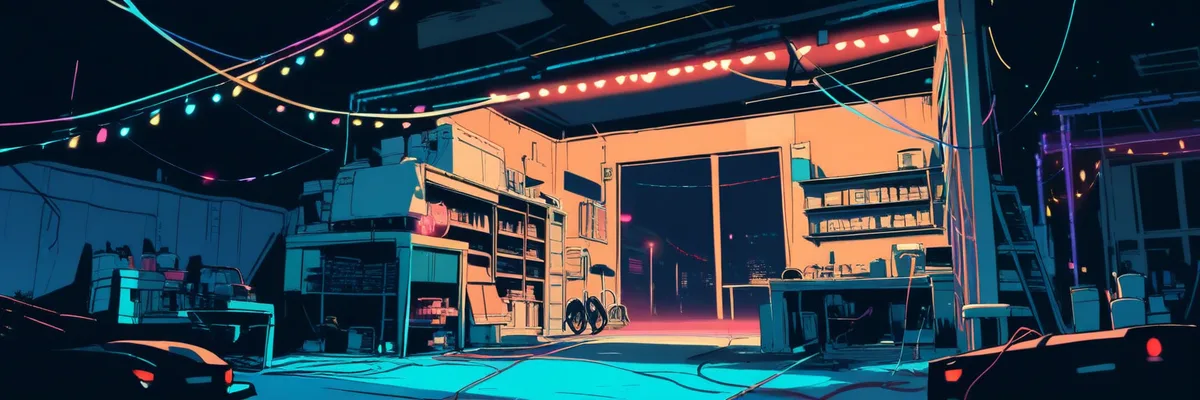 ネオンに照らされたガレージで佇む車のシルエットのイラスト。作品概要セクションのイメージ画像