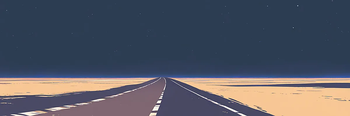 夜の砂漠のハイウェイに一直線に伸びる道路と月明かり。作品情報セクションのイメージ画像。