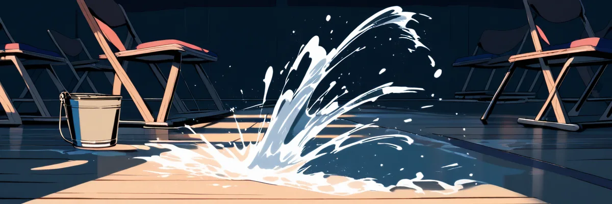 椅子とバケツの水しぶきが弾けるダンススタジオのイラスト（「映画の情報」の解説イメージ）