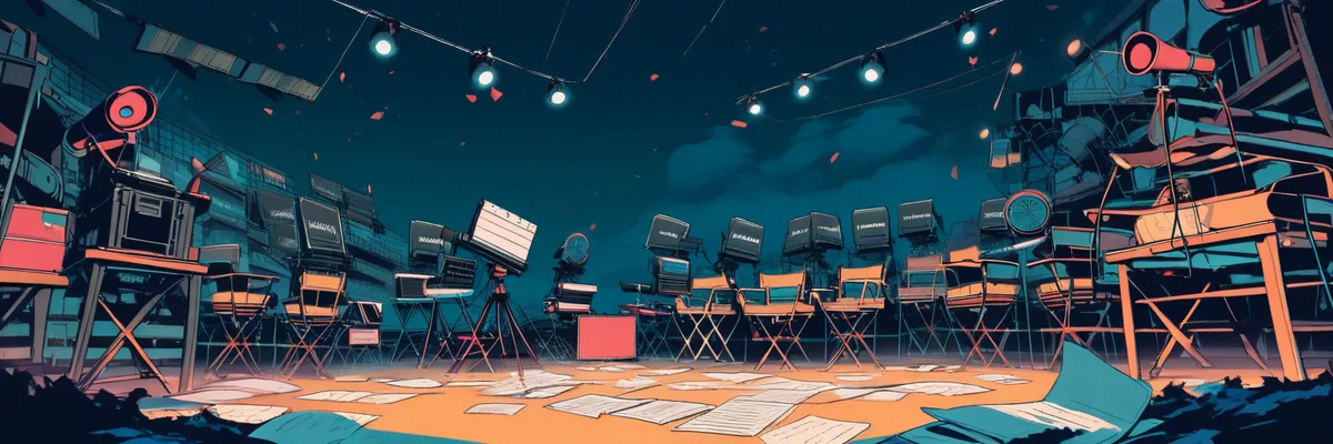 照明に照らされた映画セットのディレクターズチェアとカチンコのイラスト。監督セクションのイメージ画像
