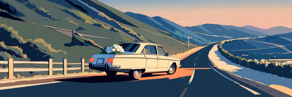 夕暮れの山道を走る車に添えられた白い花束のイラスト。出演者セクションのイメージ画像