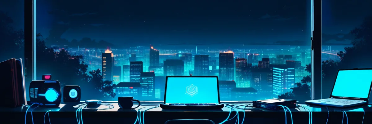 光るノートパソコンと絡まるケーブル、窓越しの夜景を描いたイメージ画像。劇場版デジモンアドベンチャー ぼくらのウォーゲーム!(2000年)の紹介コーナーの挿絵。
