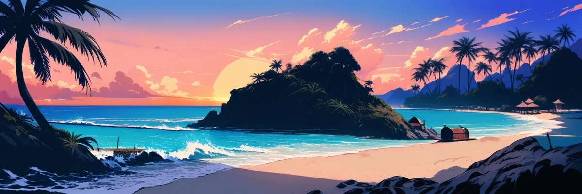夕暮れの南国の入り江と砂浜に埋もれた宝箱を描いたイメージ画像。ONE PIECE THE MOVIE オマツリ男爵と秘密の島(2005年)の紹介コーナーの挿絵。