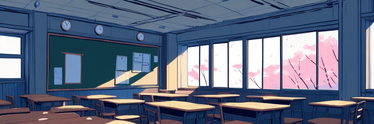 桜が舞う教室の窓と壁掛け時計を描いたイメージ画像。時をかける少女(2006年)の紹介コーナーの挿絵。
