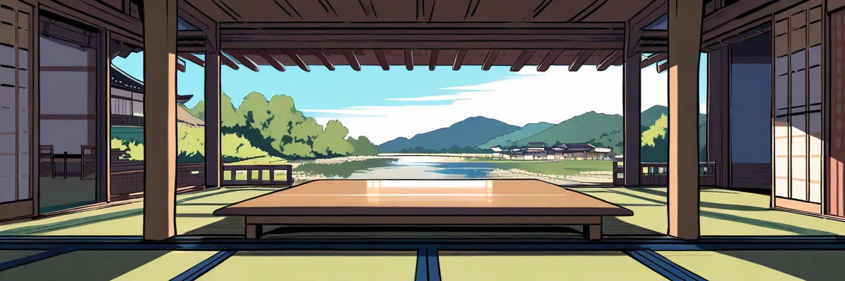 縁側から見える夏空と畳の上のノートパソコン、家族の食卓を描いたイメージ画像。サマーウォーズ(2009年)の紹介コーナーの挿絵。
