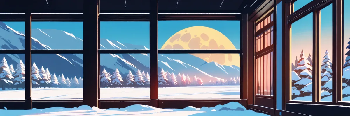 雪深い森と灯りの灯る一軒家、足跡を描いたイメージ画像。おおかみこどもの雨と雪(2012年)の紹介コーナーの挿絵。
