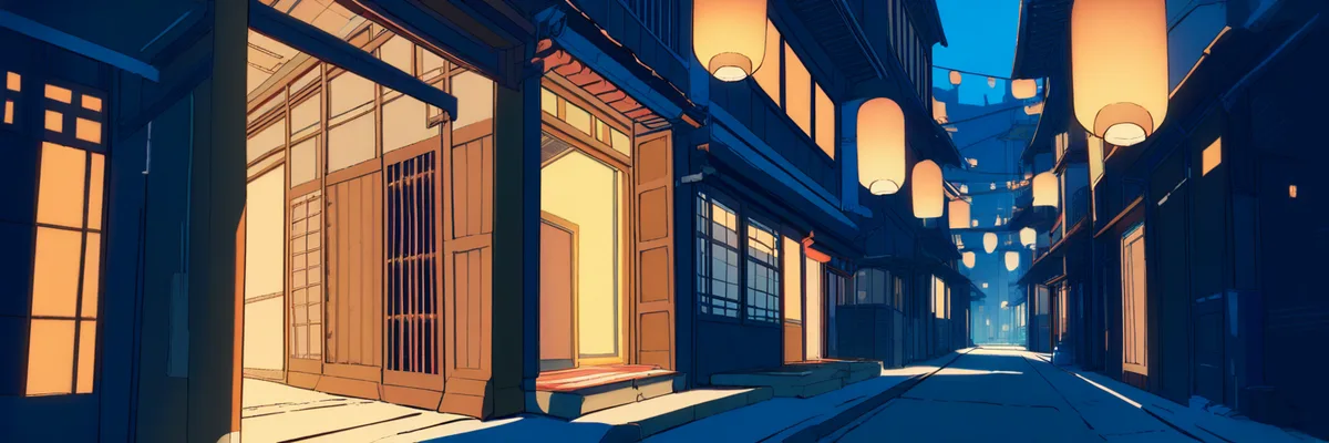 提灯が灯る夜の路地から市場へ続く風景を描いたイメージ画像。バケモノの子(2015年)の紹介コーナーの挿絵。