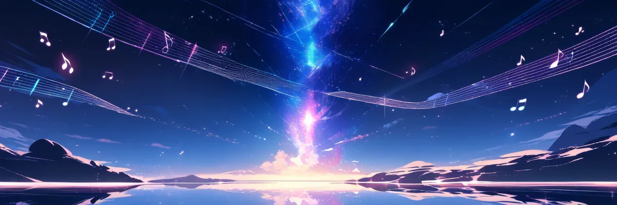 光の粒子が漂うデジタルの海と音符を描いたイメージ画像。竜とそばかすの姫(2021年)の紹介コーナーの挿絵。