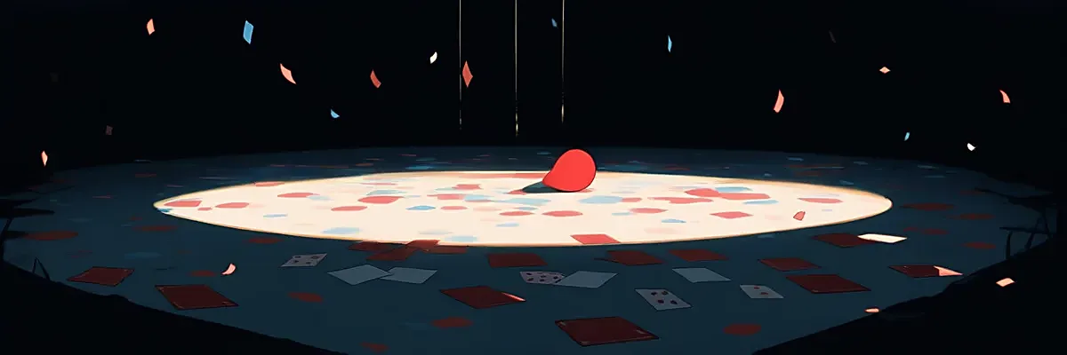 スポットライトに照らされた舞台に赤い風船とトランプが散らばる様子のイラスト。ミュージカル演出への複雑な感情を表すイメージ。