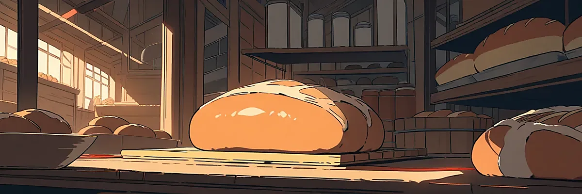 焼きたてのパンが並ぶパン屋の店内のイラスト。キキが働くパン屋のシーンをイメージした挿絵。
