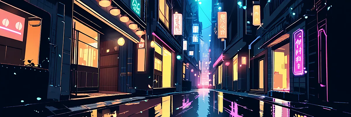 煙る夜の繁華街にネオン看板と灯りが滲む裏路地の情景