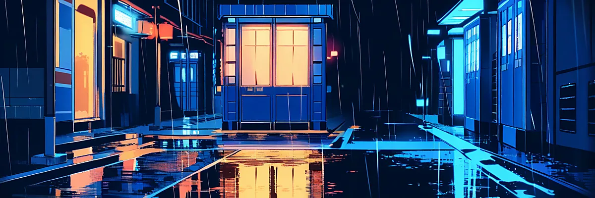 雨の夜、灯りの灯った交番のような小さな建物が佇む情景
