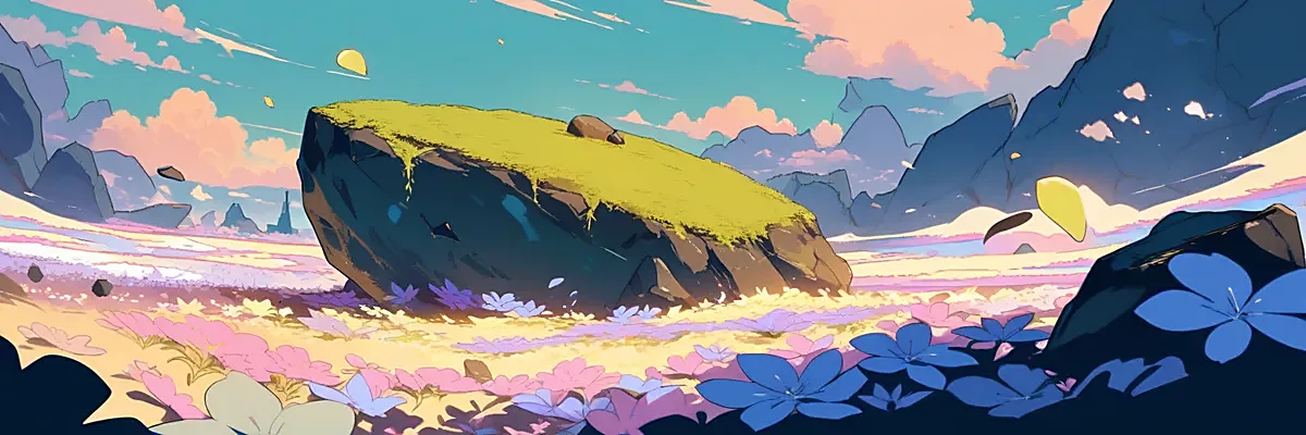 花畑の上に浮かぶ苔むした岩のイラスト。空に浮かぶ島々の世界観をイメージした挿絵。