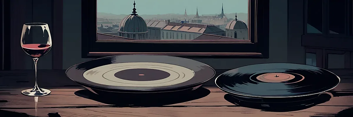 ワイングラスとレコード盤、窓の外にパリの街並みが見える静かな部屋のイラスト。作品の雰囲気を表す挿絵。