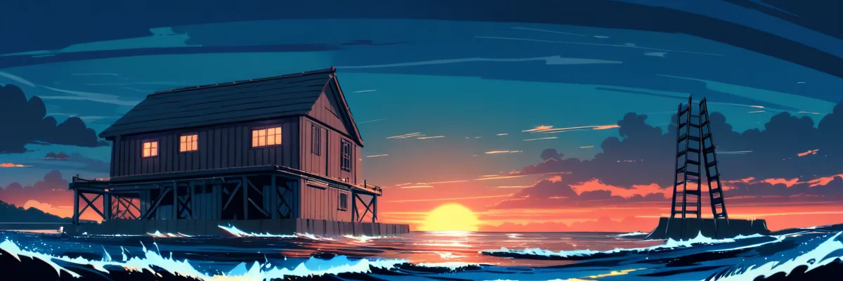 夕暮れの海に佇む木造家屋のイラスト。作品概要セクションのイメージ画像