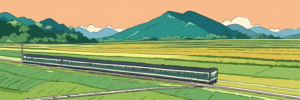 夕方の田園地帯を走る一両編成の電車のイラスト(物語の旅路をイメージした情景)