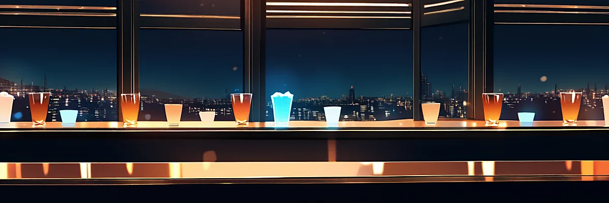 夜景を望む静かなバーカウンターに並ぶグラスと氷。任務前の静けさを思わせる情景