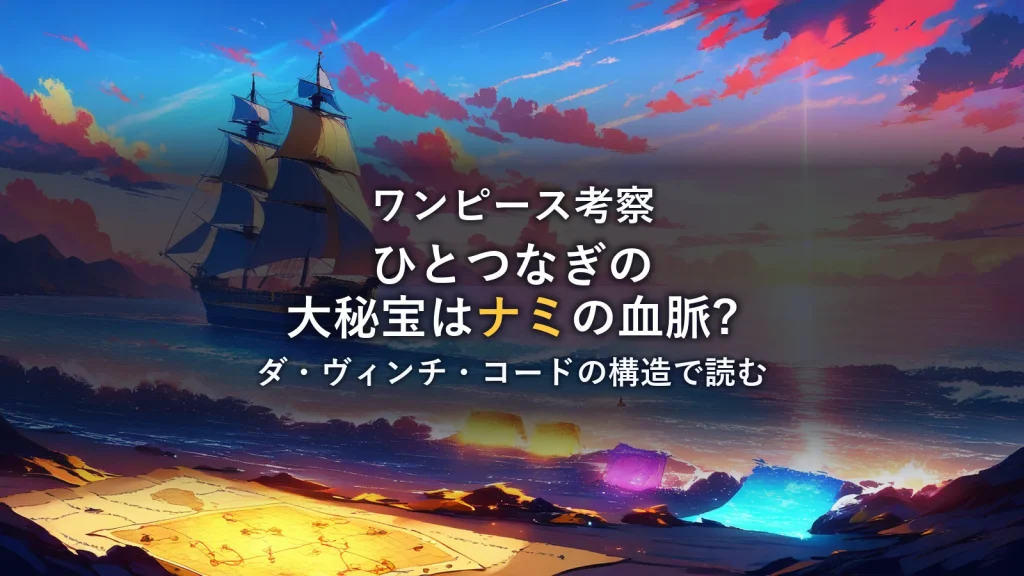 宝の地図と黄金色に輝く帆船が浮かぶ夕焼けの海のイメージイラスト。ひとつなぎの大秘宝を暗示する情景。