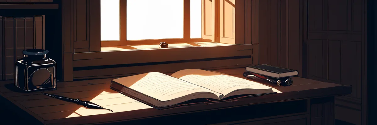 窓辺の机に開かれた古い絵本とインク壺・羽根ペンのイメージイラスト。物語の始まりを象徴する情景。