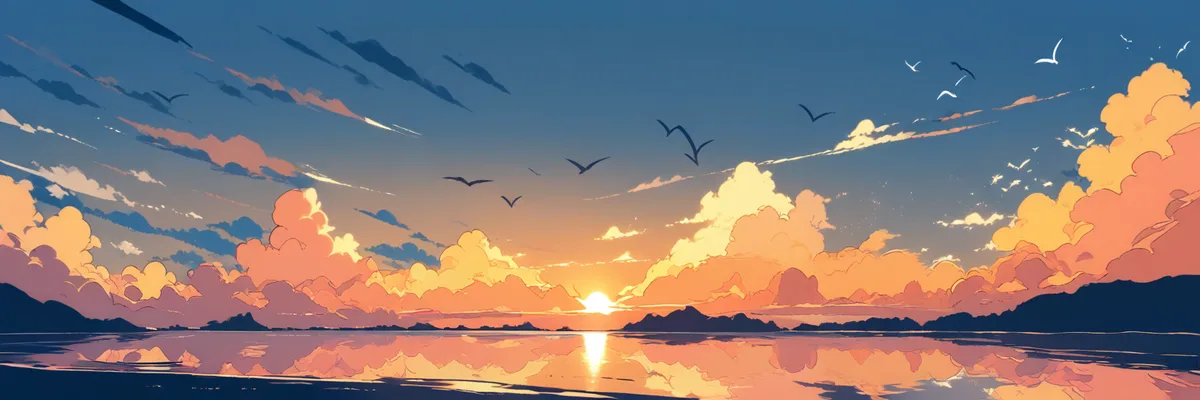 夜明けの海に浮かぶ島影と、光を反射する静かな海面のイメージイラスト。