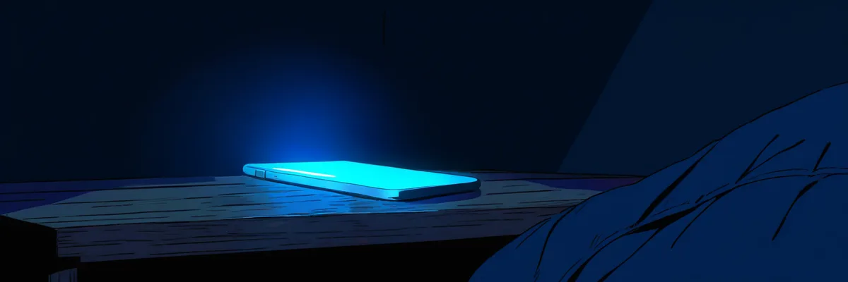 暗い夜の部屋でスマートフォンの画面だけが青く光っているイラスト。眠れない夜に検索してしまう心理を描いた章のイメージ。