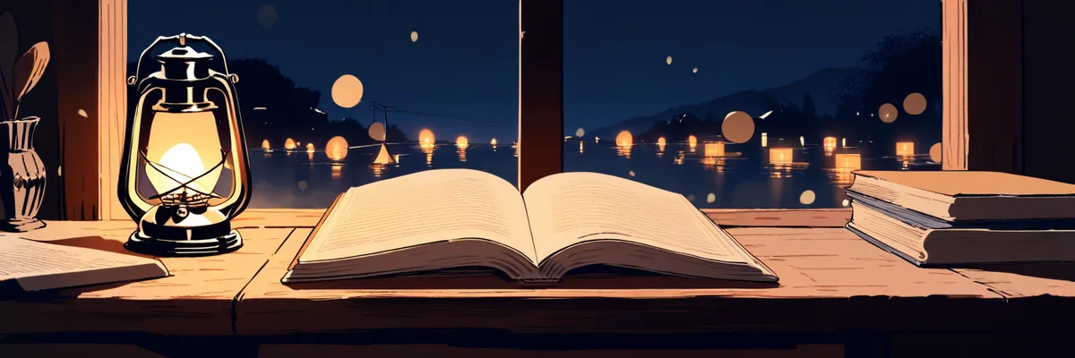 夜の窓辺でランタンの灯りに照らされた開いた本のイラスト。記事全体の内容を振り返るまとめの章のイメージ。