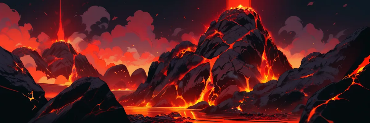 暗い火山岩の中で光る溶岩の亀裂を描いたイラスト。「自然の脅威」というモデルをイメージした一枚。