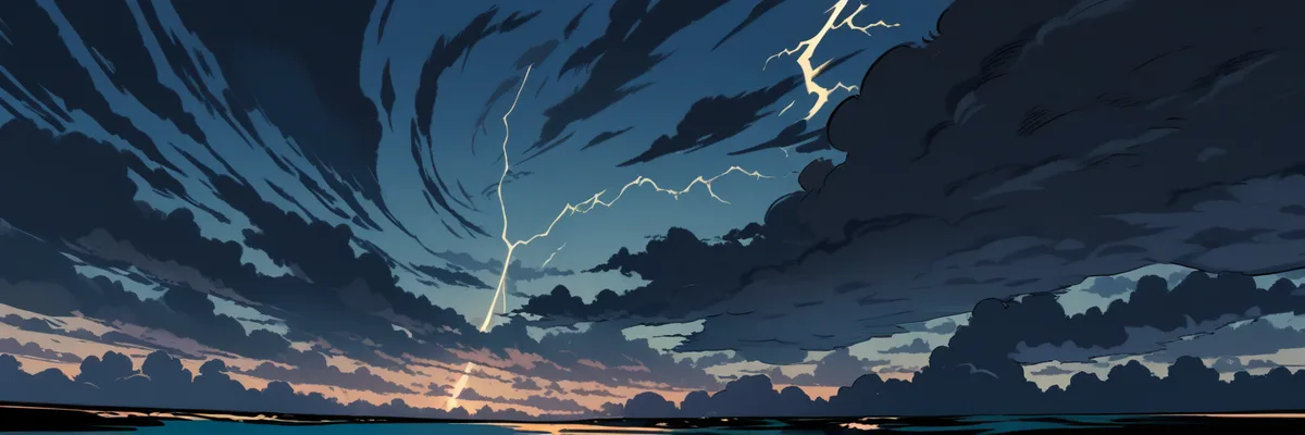 穏やかな海の上に集まる暗い嵐雲と一筋の稲妻を描いたイラスト。次の大将への予測をイメージした一枚。