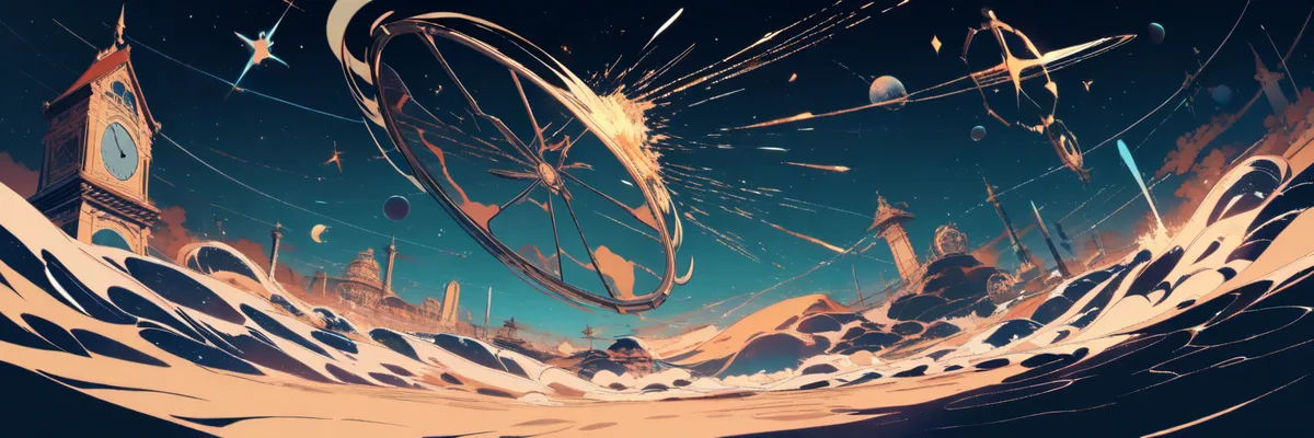 砕けた時計の文字盤と星々が浮かぶ幻想的な夜空のイラスト。年齢の空白が示す「時間の外側にいる存在」説を考察するイメージ。