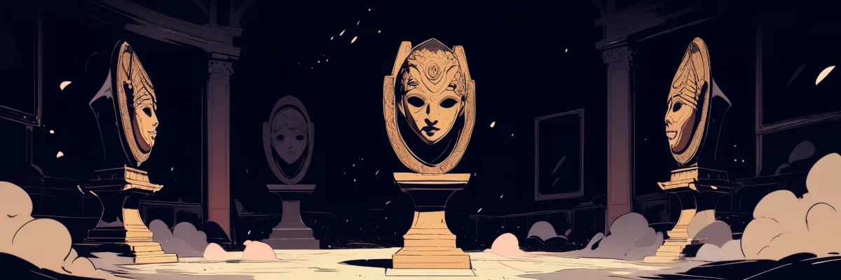 薄暗い部屋に並ぶ古びた仮面のイラスト。五老星の人間離れした実態を象徴するイメージ。