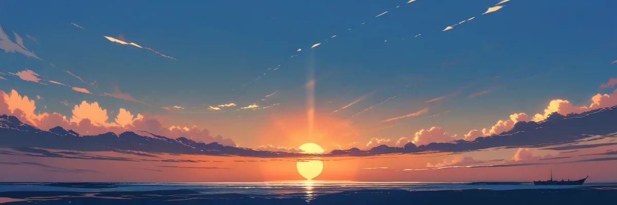 夜明けの水平線と遠くに浮かぶ一隻の船を描いたイラスト。最終章の行方を示すまとめのイメージ