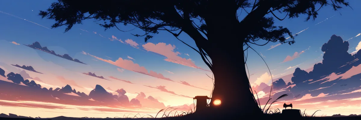 夕暮れの地平線に佇む大木と斧のシルエットイラスト。最終章に託されるものを考えるまとめのイメージ