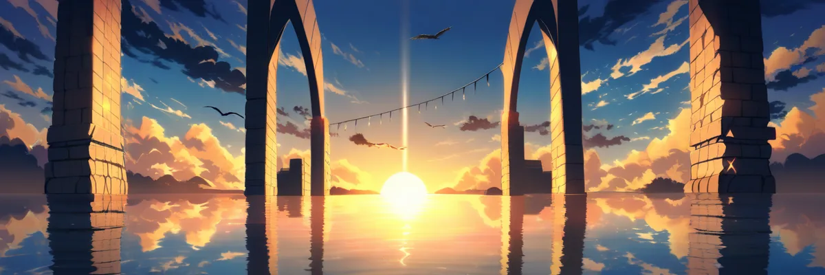 石造りのアーチの向こうに昇る太陽を描いたイラスト。ゴムゴムの実の覚醒をイメージした一枚。