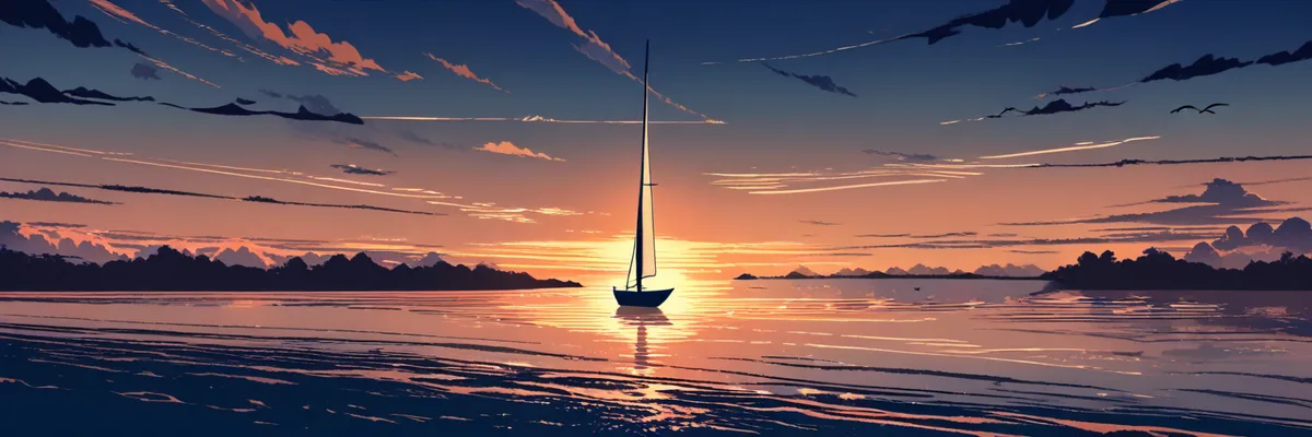 夜明けの水平線に向かう帆船のシルエットを描いたイラスト。最終章で託されるものをイメージした一枚。