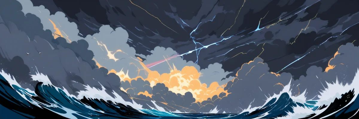 荒れた海の上に渦巻く暗雲と稲光のイラスト（不気味さを象徴するイメージ）