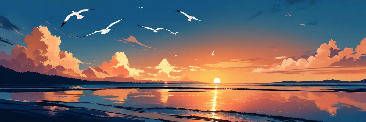 夕暮れの穏やかな海と遠くを飛ぶかもめのイラスト（まとめのイメージ）