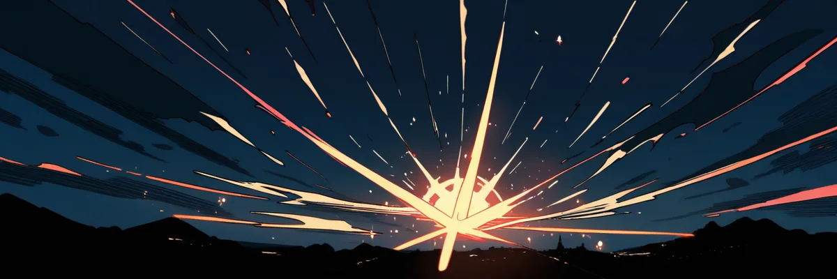 夜空に稲妻のような光の筋が放射状に広がるイラスト。新世界のログポースが乱れる不確実性を表すイメージ。