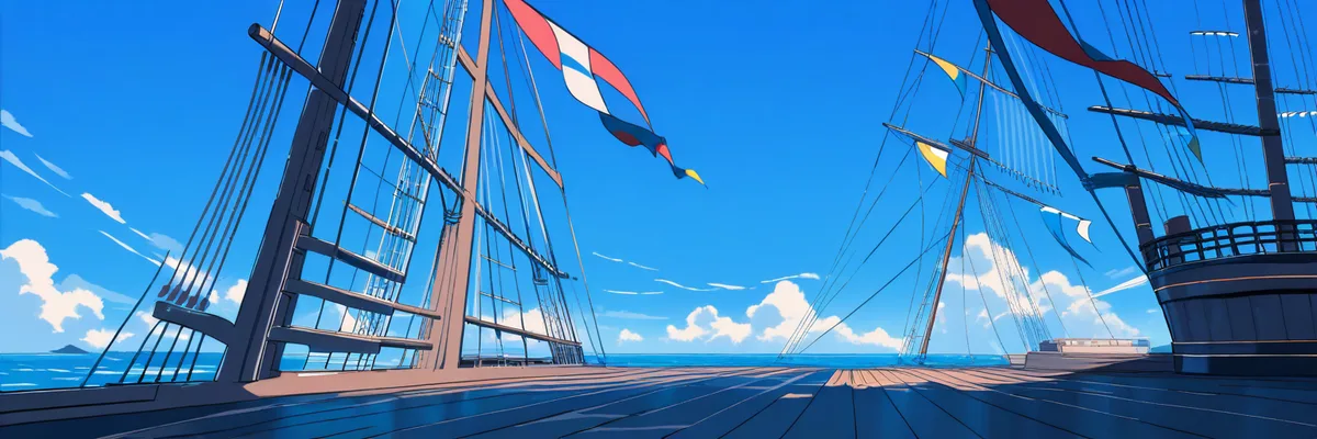 帆船のマストにいくつも掲げられた旗のイメージイラスト。仲間の加入順を象徴する情景。