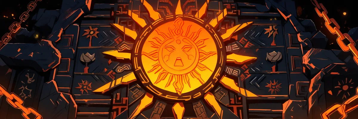 太陽と鎖の意匠が彫られた石壁のクローズアップイラスト。壁画の意匠から伏線を読み解くイメージ