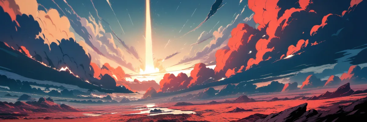 荒野の空に光の柱が差し込み雲が赤く染まるイラスト。海軍と海賊が手を組んだ神の谷事件の緊迫感を表すイメージ。