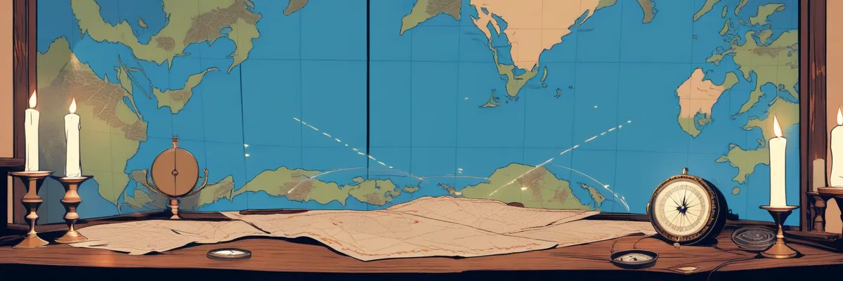 古い世界地図の上でろうそくとコンパスが照らす机のイラスト。複数の勢力が一つに統合される考察を表すイメージ。