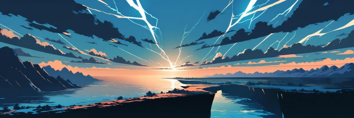 海に向かって二手に分かれる崖と雷鳴の空のイラスト。統一から分裂へ向かう周期のテーマを表すイメージ。