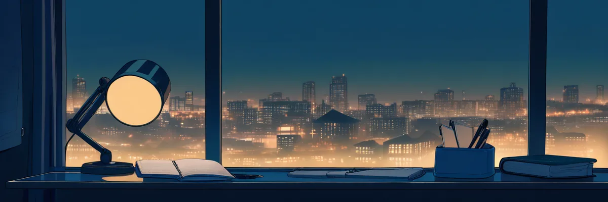 夜景を望む窓辺の机にノートとランプが置かれたイラスト。考察のまとめを表すイメージ。