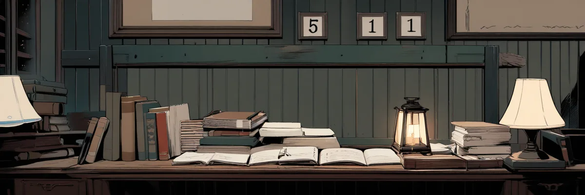 本棚と机に積まれたノートと「511」の数字が飾られた部屋のイラスト。考察のまとめを表すイメージ。